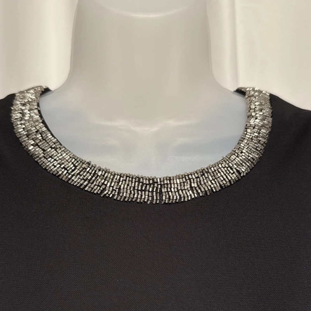 Anne Klein Black Ruched Holiday  Silver Beaded Neck Faux Wrap Dress Size 8 - Picture 4 of 8